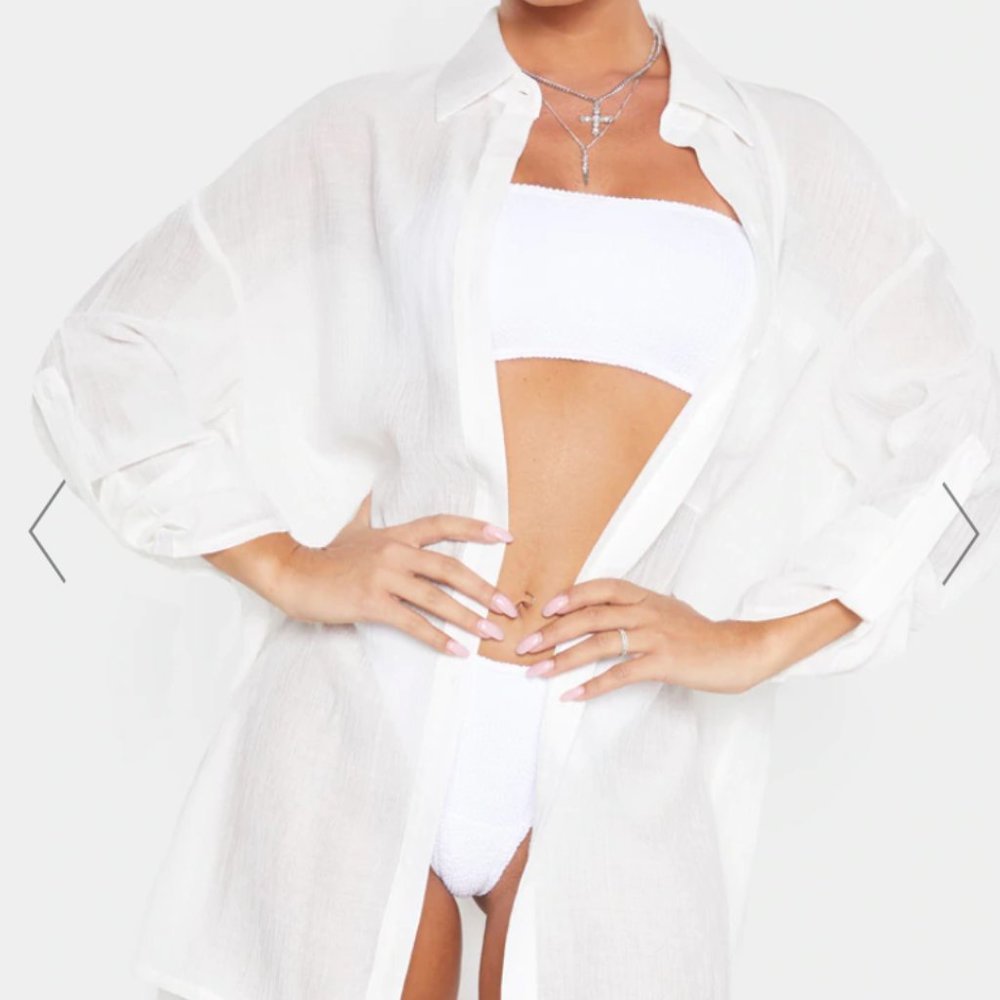 PRETTY LITTLE THING ECRU OVERSIZED BEACH SHIRT DRESS
